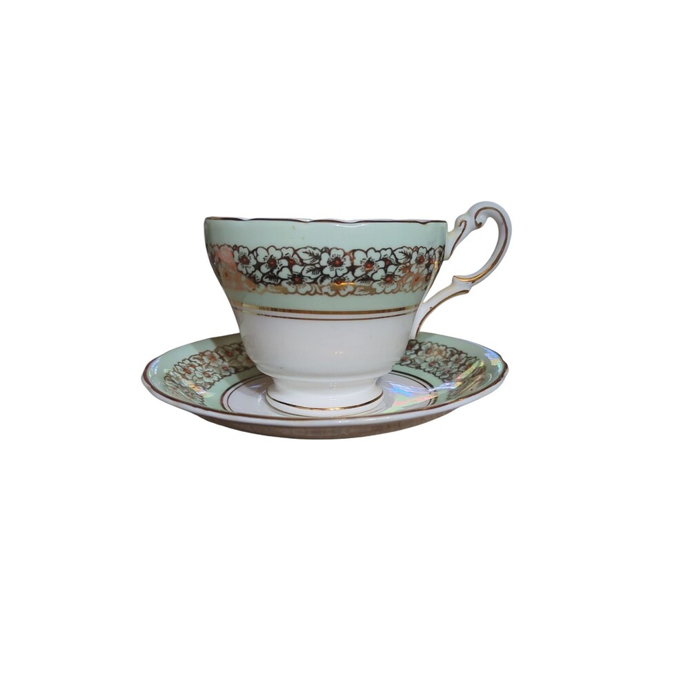 Victoria C& E Teacup and Saucer Gold Trim Gold Floral Band